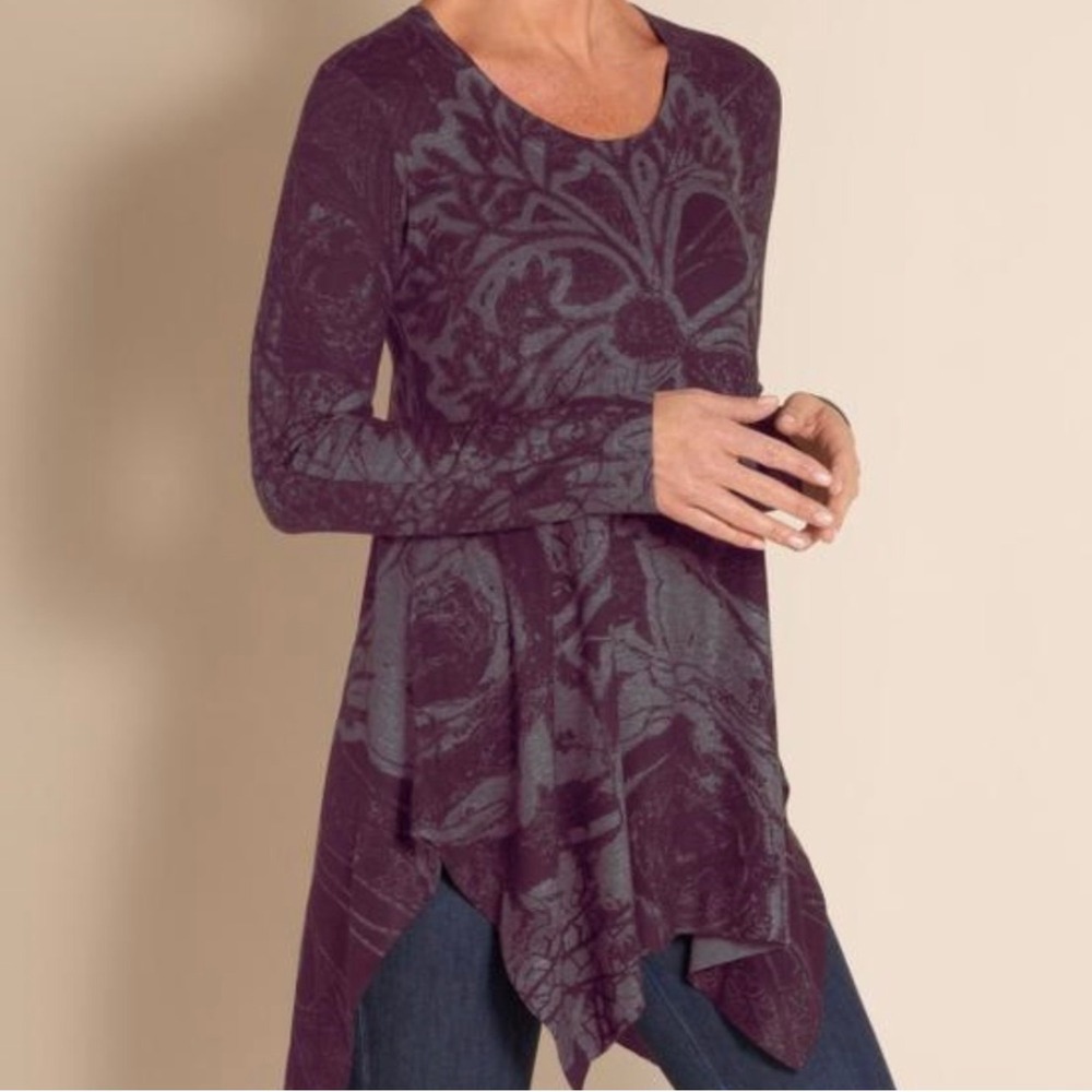 Soft Surroundings Rennaisance Tunic Knit Top Paisley M Burgundy Gray Artsy Boho
